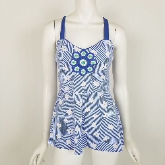 Little Yellow Button Anthro Size Small Blue Striped Floral Crochet Tank Top - Picture 1 of 6